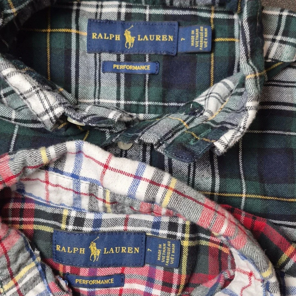 Ralph Lauren Boys 7 Performance Flannel Shirts Plaid Button Down Lot of 2